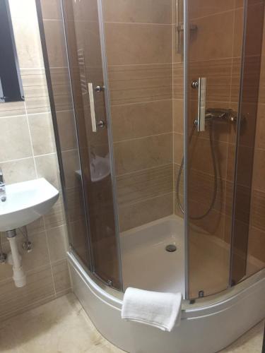um chuveiro com uma porta de vidro ao lado de um lavatório em Mini-hotel Megora em Rakhiv