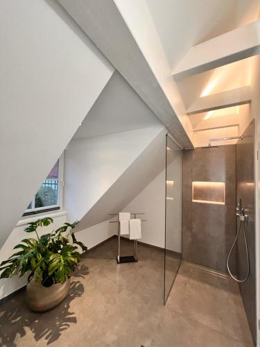 an attic bathroom with a shower and a plant at Hotel LandGut & Residenz DRIEHOF in Tecklenburg