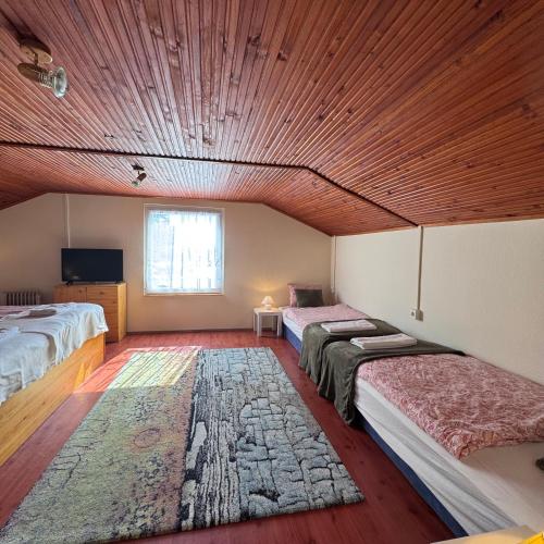a large room with two beds and a rug at Viktória Apartman DunaWeekend in Makád