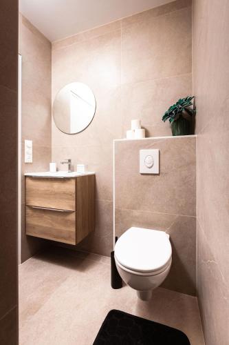a bathroom with a toilet and a sink at La casa del Platana in Domagné