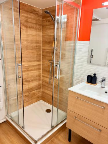 a shower with a glass door next to a sink at Le Beau Dolois - Appartement Climatisé au Coeur de DOLE avec Parking GRATUIT à proximité in Dole