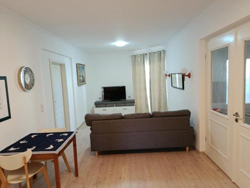 a living room with a couch and a table at Gästehaus Virtuous Home in Pirmasens