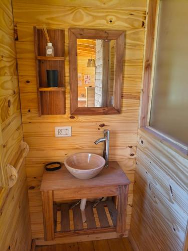 a bathroom with a sink in a wooden cabin at Cabaña El Refugio in Lago Puelo