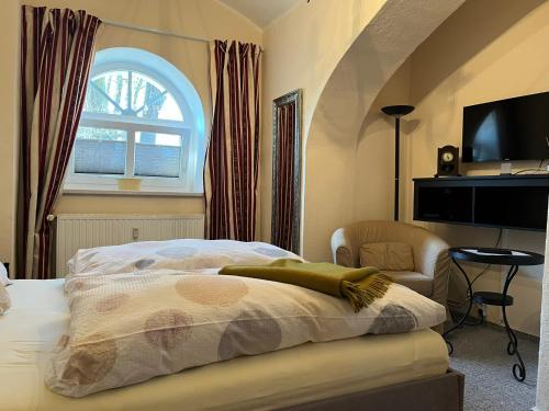 ein Schlafzimmer mit Bett, Fenster und Fernseher in der Unterkunft Grüne Villa in Kromlau