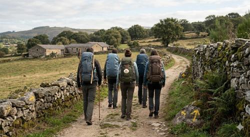 a group of people walking down a dirt road with backpacks at Smart English Rooms in O Mesón Do Vento 