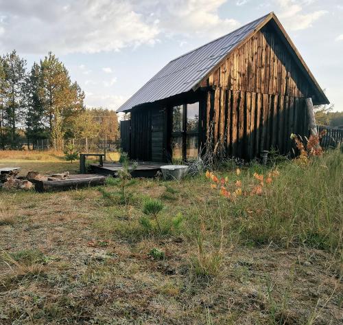 an old cabin with a black roof in a field at Drewutnia nad Hańczą in Sernetki