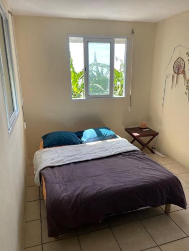 a bed in a bedroom with a window at Versant Caraïbes in Gourbeyre