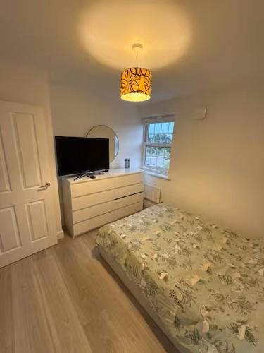 ein Schlafzimmer mit Bett und Flachbildfernseher in der Unterkunft Brampton Park - double room in Brampton Grange