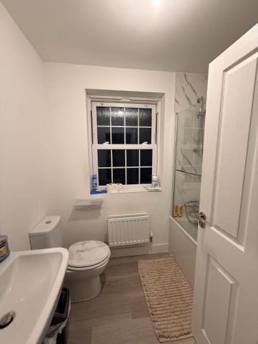 ein Badezimmer mit Toilette, Waschbecken und Fenster in der Unterkunft Brampton Park - double room in Brampton Grange
