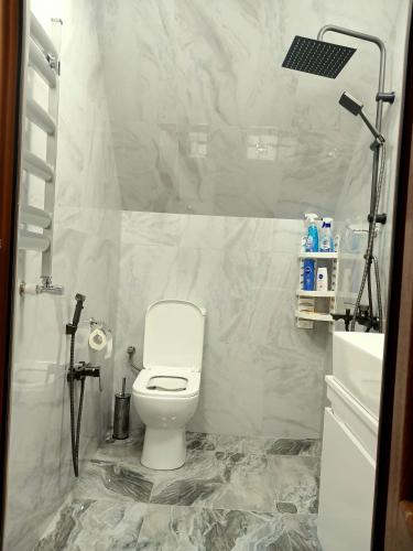 a white bathroom with a toilet and a sink at Dom Semya Gusar in Qusar