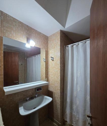 a bathroom with a sink and a shower curtain at Casa LIDIA Hostel in Comodoro Rivadavia