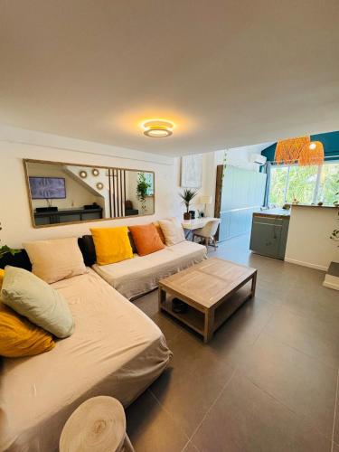 a living room with a couch and a table at Coeur Créole in Saint Barthelemy