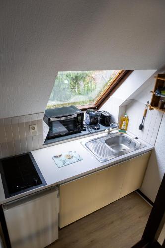 a small kitchen with a sink and a microwave at Appartement 1 chambre terrasse et piscine in Boersch