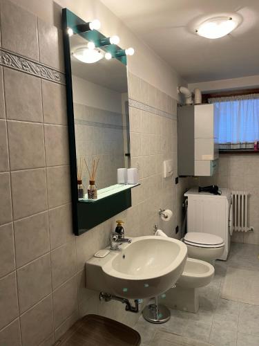 a bathroom with a sink and a toilet and a mirror at Rosadira Vista Lago sulle Dolomiti in Auronzo di Cadore