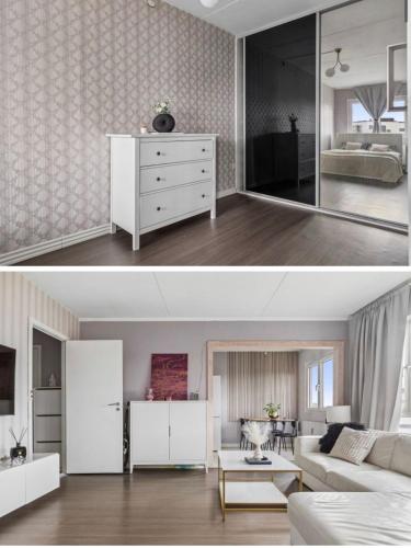 a living room and a living room with a white couch at Cozy spot, Free Netflix and Prime in Vallensbæk