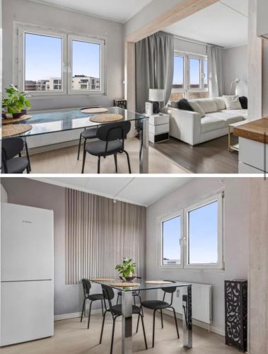 a living room and dining room with a table and chairs at Cozy spot, Free Netflix and Prime in Vallensbæk