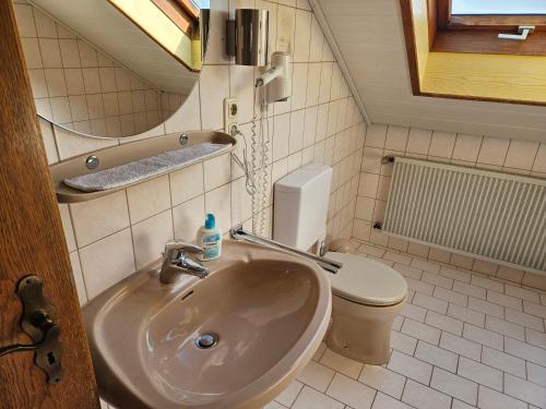 a bathroom with a sink and a toilet at Lieblingsplatz in Ebersburg