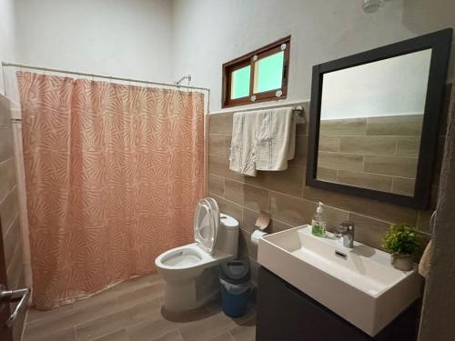 a bathroom with a toilet and a sink and a mirror at Casa mahana in Pisté