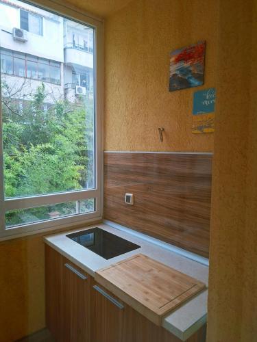 a kitchen with a sink and a window at Private Rooms Valis in Varna City