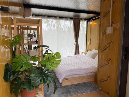 a bedroom with a bed and a plant in it at Fish Farm Homestay in Yên Bái