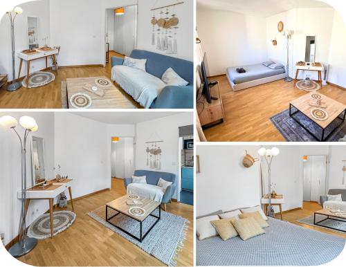 a collage of four pictures of a living room at Studio cosy avec Smart TV & Wi-Fi in Le Plessis-Robinson