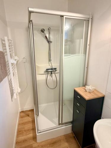 a shower with a glass door in a bathroom at Maisonnette en coeur de ville in Cosne-Cours-sur-Loire