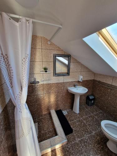 a bathroom with a shower with a toilet and a sink at Popasul Ursului Zărnești in Zărneşti