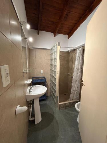 a bathroom with a sink and a shower at Cabañas Kidamalau in Merlo