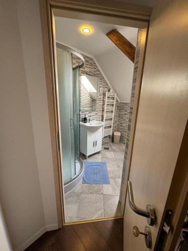 a bathroom with a shower and a sink and a mirror at TOMISLAV in Zagreb