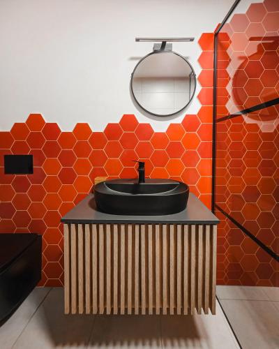 a bathroom with a sink and a mirror at Vino Chalets Bran in Sohodol