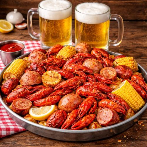 a pan filled with shrimp and corn and two glasses of beer at Tiny Home in Town-Hot Tub - Privacy Fence - Fire Pit - Kids Play Area & 15 minutes to the Bogue Chitto State Park in Franklinton