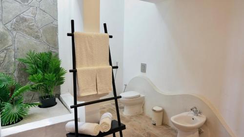 a bathroom with a towel rack and a toilet at Zahari Oceanfront in Msambweni