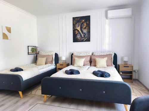 a bedroom with two beds in a room at GRAND HOME Apartman in Sárospatak