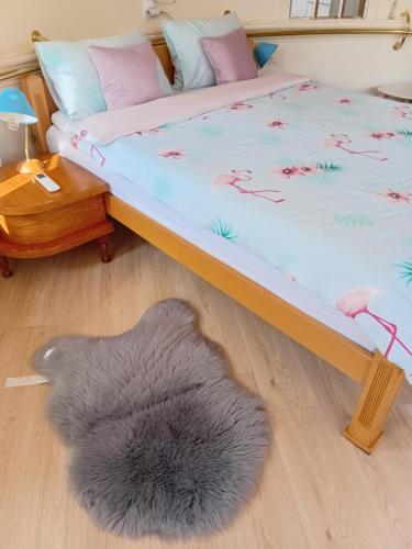 a bedroom with a bed and a rug on the floor at Studio Carobna Dunja in Banja Koviljača