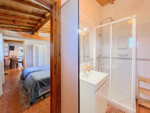 a bedroom with a bed and a shower and a sink at Casa Largo do Porto - Country House with Swimming Pool in Viana do Castelo