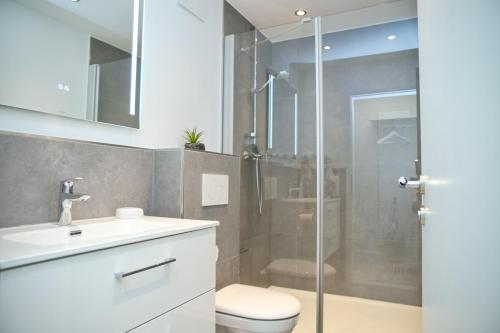 a bathroom with a shower and a toilet and a sink at Haus Titania App 6 inkl WLAN in Grömitz