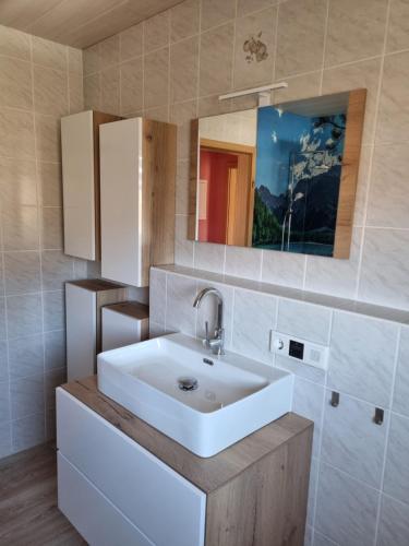 a bathroom with a white sink and a mirror at Zschirnsteinblick in Schöna