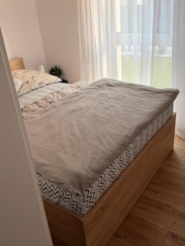a bed in a room with a window at Apartament Camila in Leszno