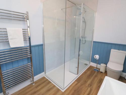 a bathroom with a shower and a toilet at Linn Cottage in Hexham