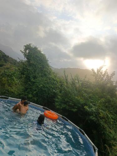 a man in a swimming pool with a frisbee at HOSTAL MIRADOR dentro del parque tayrona in El Zaino