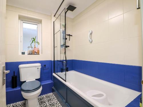 a blue and white bathroom with a toilet and a tub at Farnham Park Apartment in Farnham