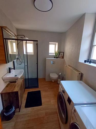 a bathroom with a sink and a washing machine at Ferienwohnung am Kloster in Hornbach