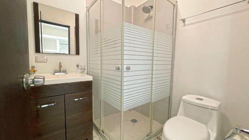 a bathroom with a shower and a toilet and a sink at Hotel YA'AX HA' Bacalar in Bacalar