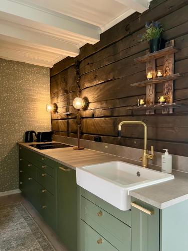 a kitchen with a sink and a wooden wall at Stryn - house by the river in Stryn