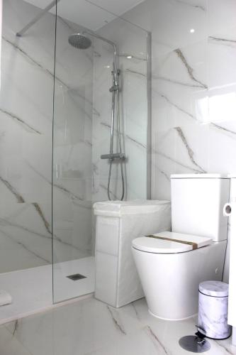 a white bathroom with a toilet and a shower at 1000Jo Apartment T3 in Gulpilhares
