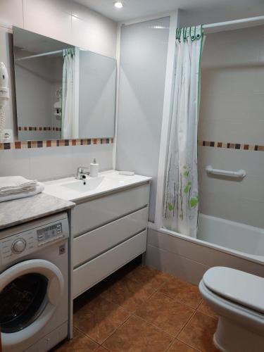 a bathroom with a washing machine and a sink at Apto 1 Hab, Terraza & Piscina, 5 min Playa in Playa de Gandia