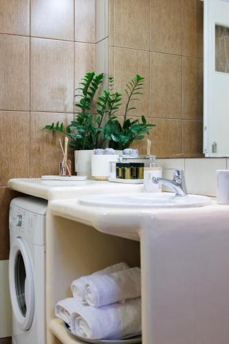 a bathroom with a sink and a washing machine at Golden Secret Beach House in Perissa