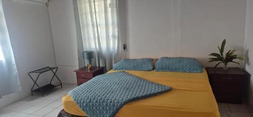 a bedroom with two beds with blue and yellow sheets at Villas De Morne St Lucia in Grande Rivière