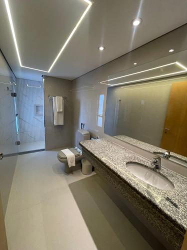 a bathroom with a sink and a mirror and a toilet at Grand Bittar Hotel in Brasília