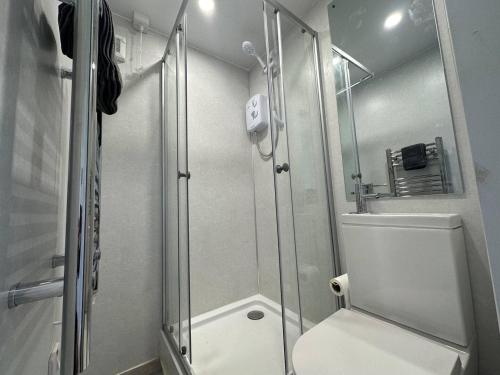a bathroom with a glass shower and a toilet at The Truck with private hot tub -Garvagh retreats in Ballynameen